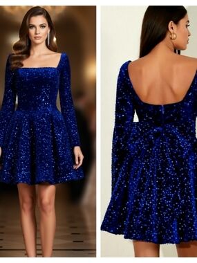 Square-Neck Long Sleeve Sequin Mini Dress in Royal Blue Velvet Size 4